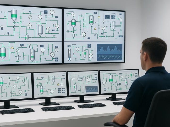 Operario trabajando con sistema DCS en sala de control