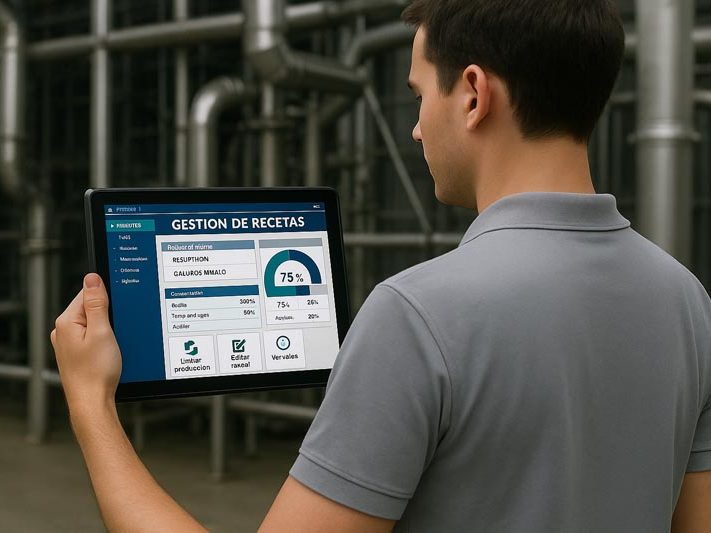 Operario en planta con software de gestión de recetas