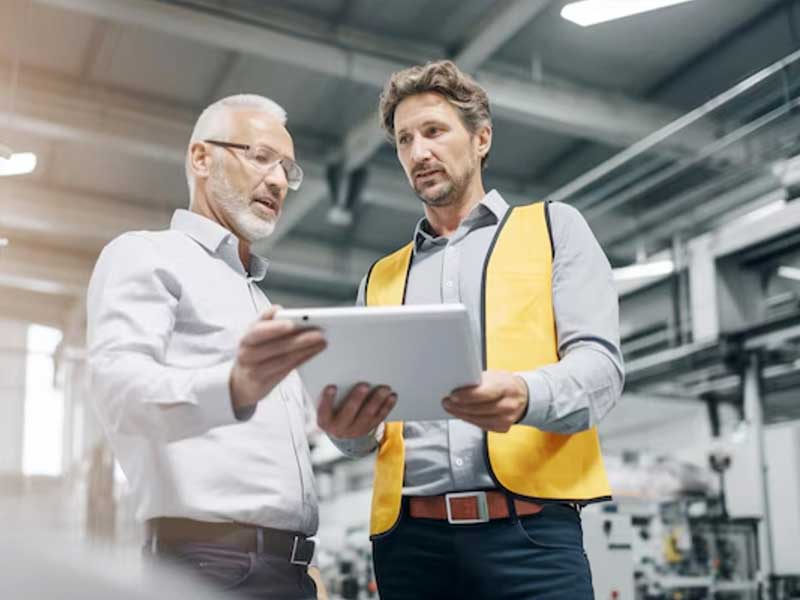 Operario y jefe de planta industrial revisando datos en una tablet