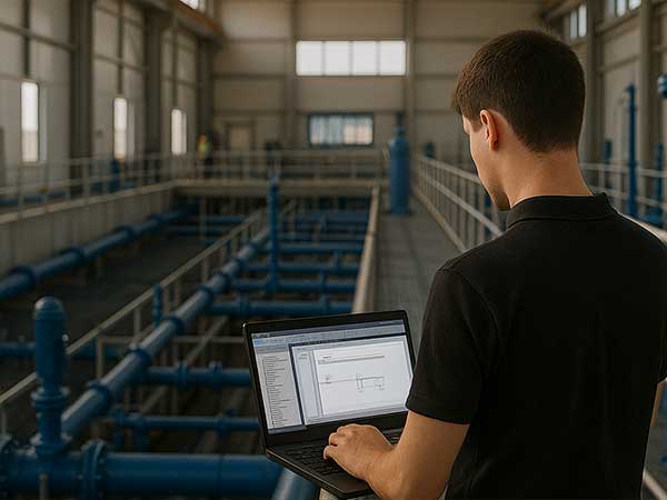 Técnico controlando planta de tratamiento de agua con software de automatización industrial en el sector del ciclo del agua