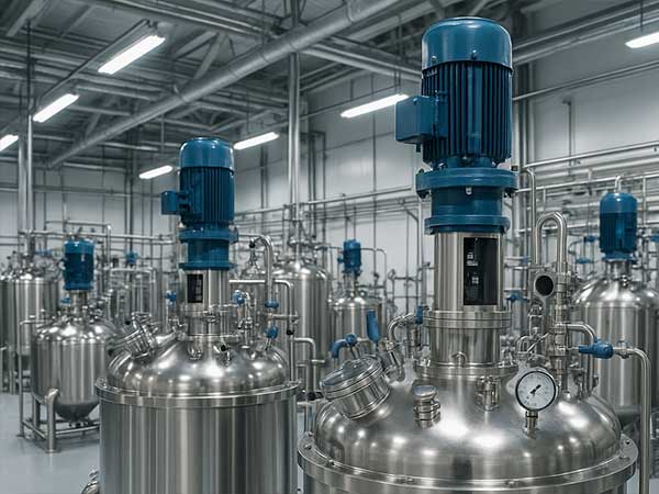 Tanques y reactores de acero inoxidable en planta de producción con sistemas de automatización industrial en el sector biotecnológico y de fertilizantes