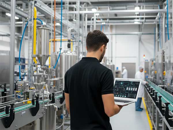 Técnico supervisando proceso de producción con software de automatización industrial en el sector farmacéutico